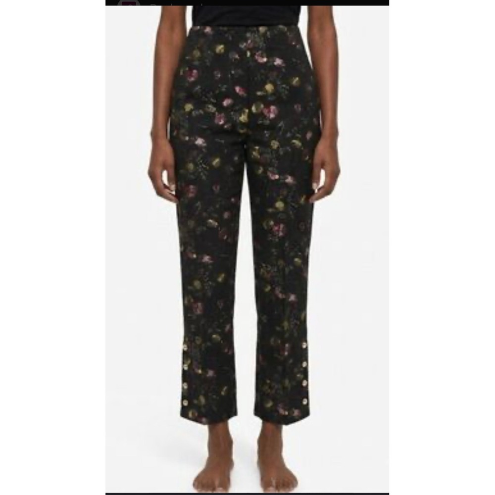 Club Monaco Floral Jacquard Ankle Pants Black Pearl Button Hem Size 0